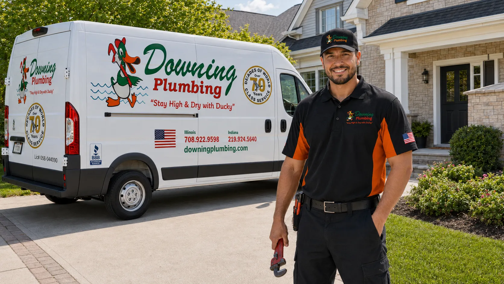 Downing Plumbing service truck and technician