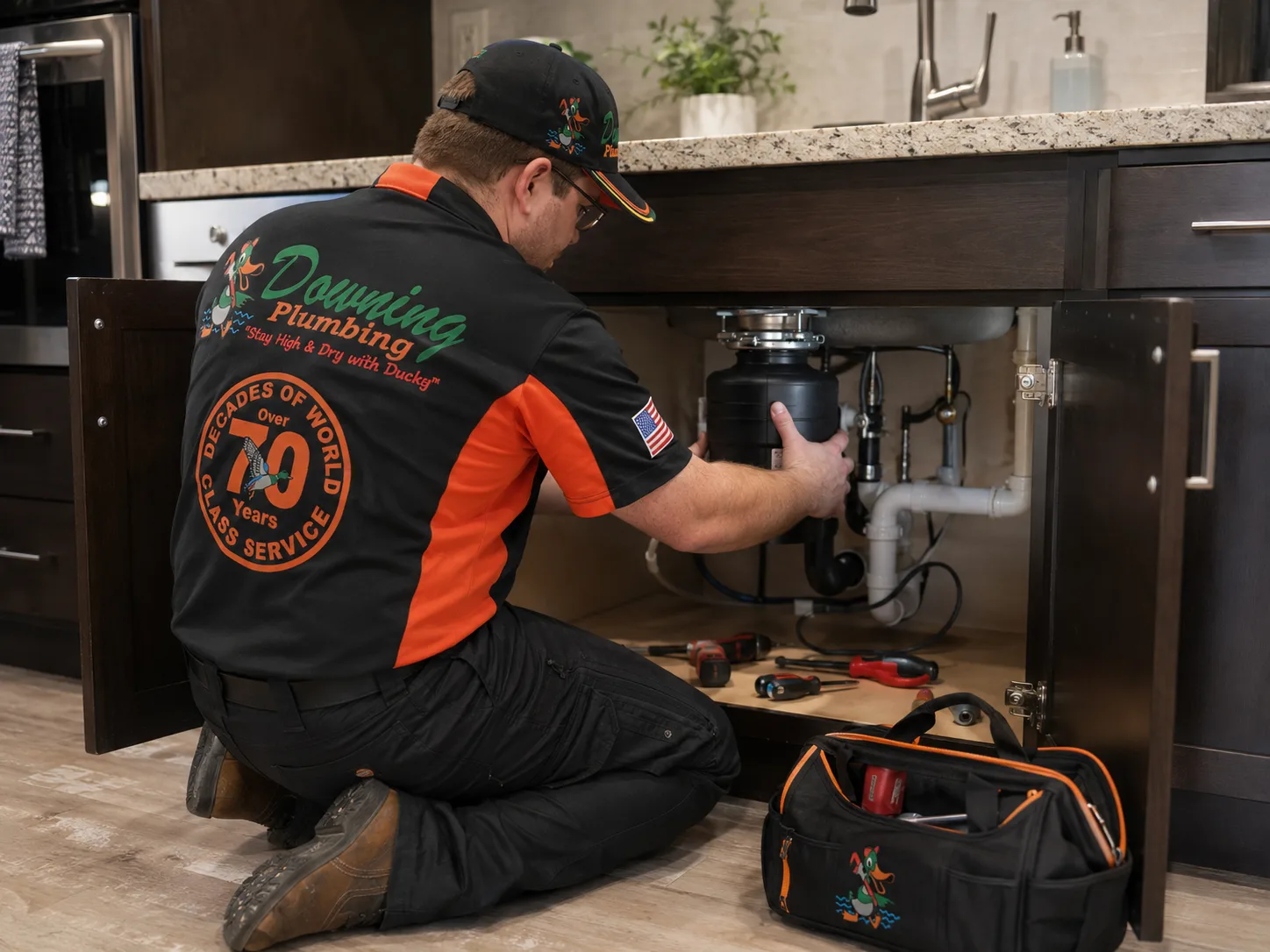 Plumber repairing a garbage disposal