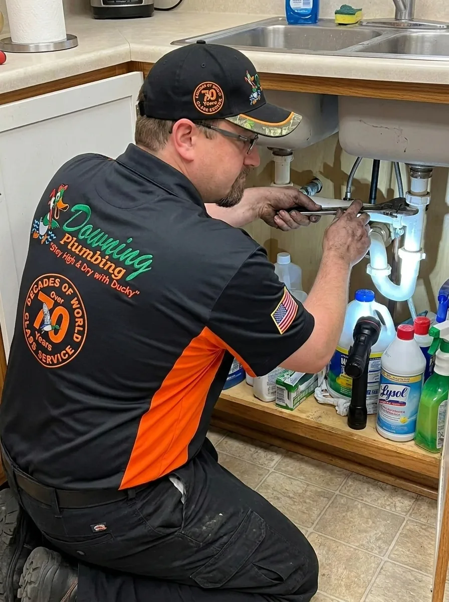 Downing Plumbing technician repairing under-sink supply piping