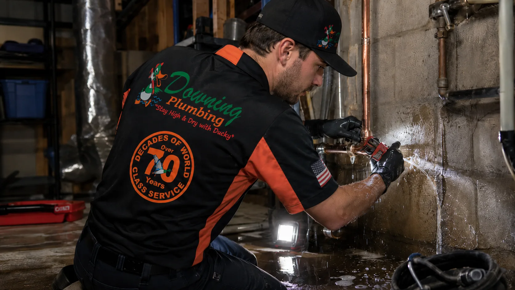 Plumber responding to a plumbing emergency