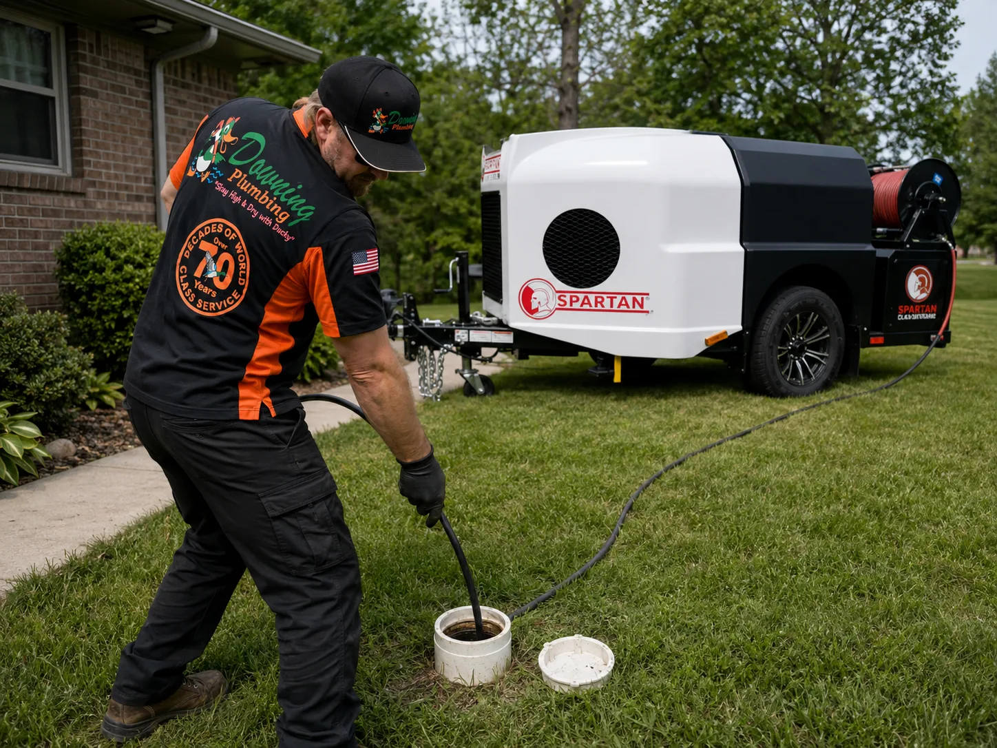 Downing Plumbing technician performing commercial drain cleaning