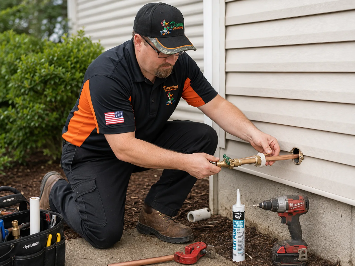 Plumber repairing an outdoor faucet