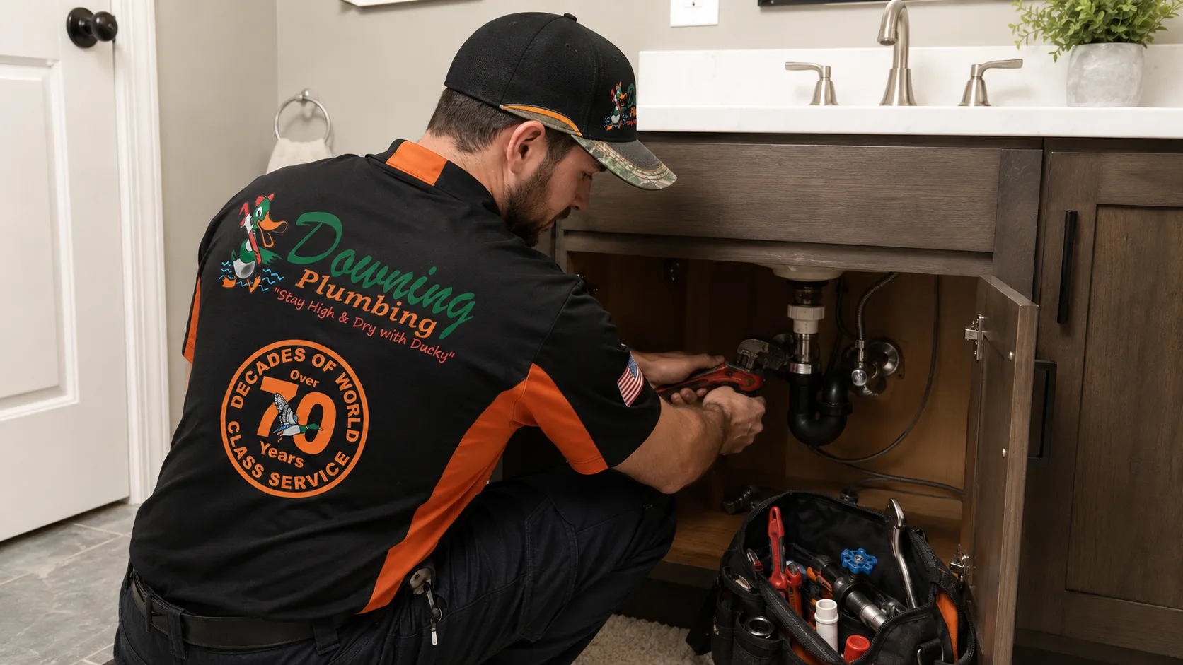 Plumber installing a water softener