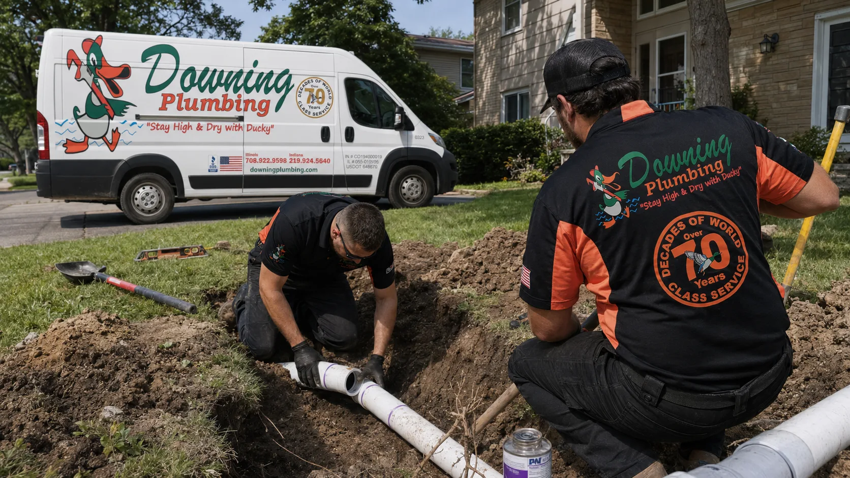 Downing Plumbing technician performing main sewer line cleaning