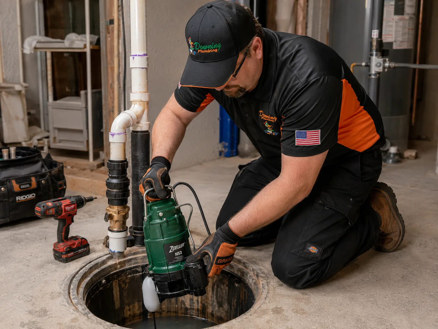 Plumber diagnosing a sump pump that stopped working