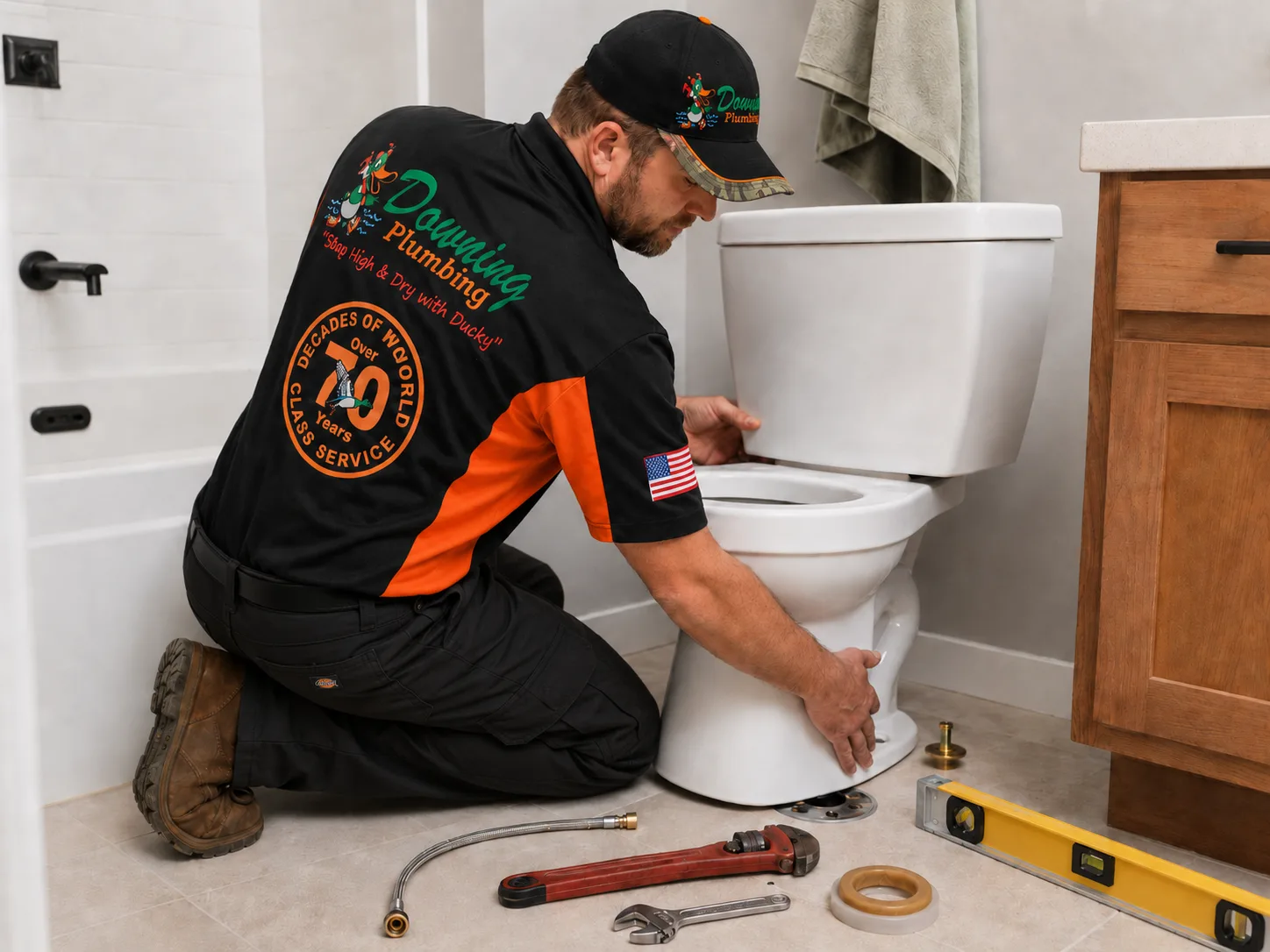 Plumber installing a new toilet in a bathroom